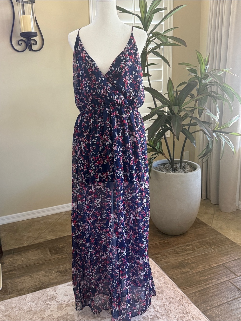 Women’s Navy Floral Maxi Dress - Sleeveless Wrap Style